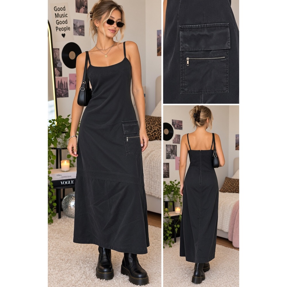 Vtg Express Black Cotton Utility Convertible Cargo Maxi Dress M/L 90s Y2k